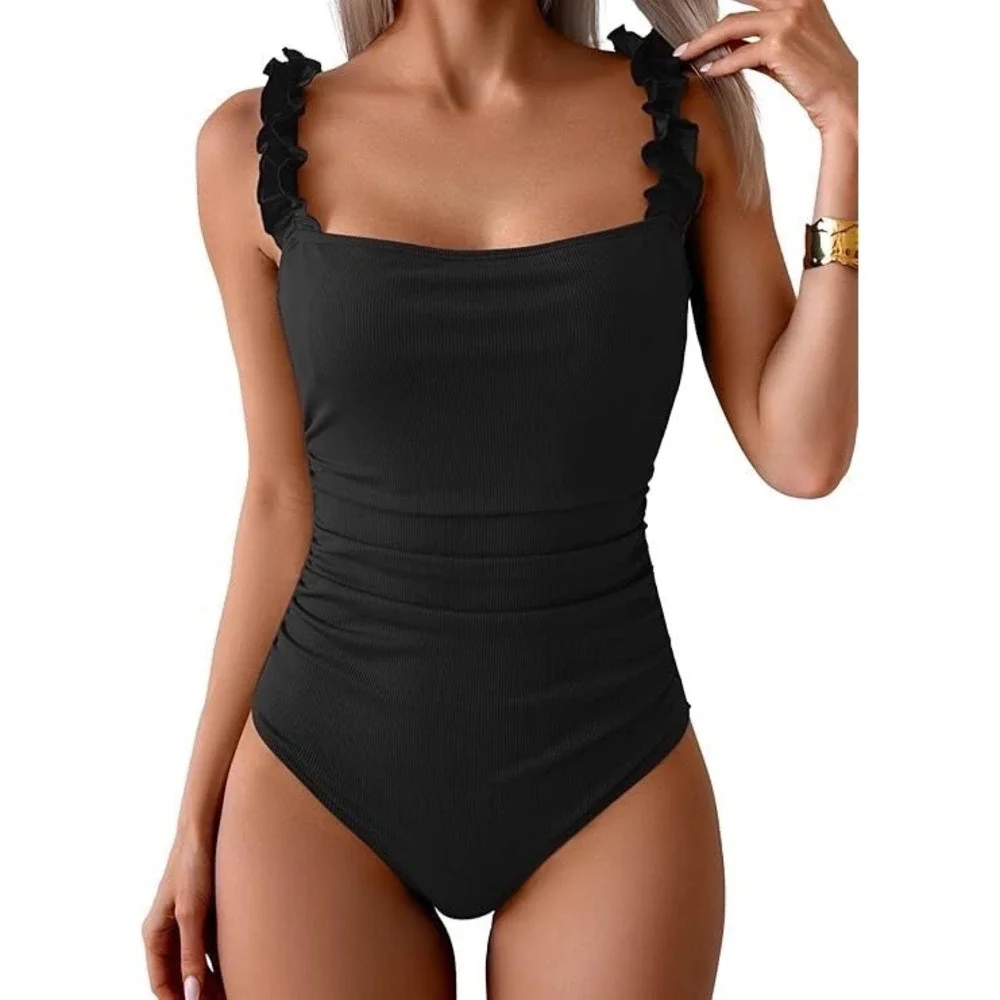 Eomenie Black Ribbed One Piece Swimsuit Ruffle Strap Medium‎ NEW